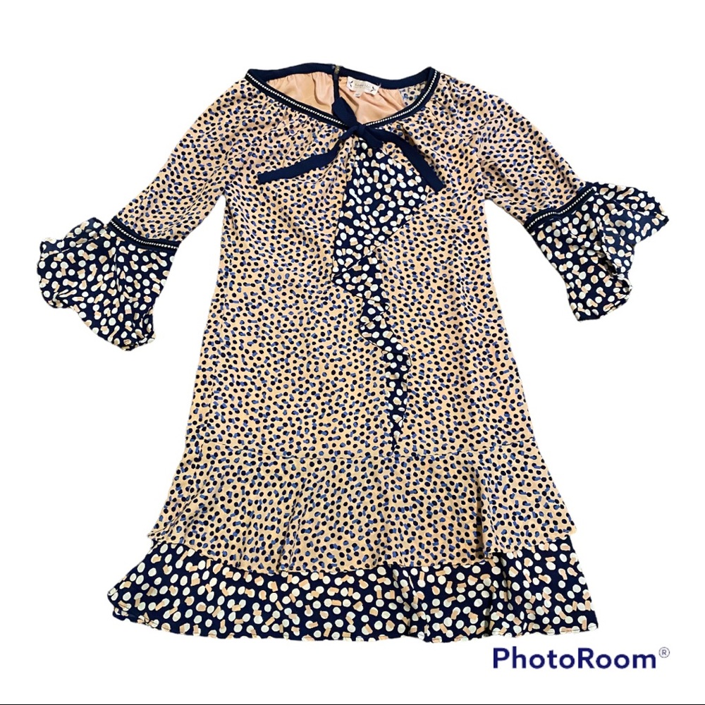 Nanette Lepore dress, fun multi print shift dress with ruffled sleeves and hem